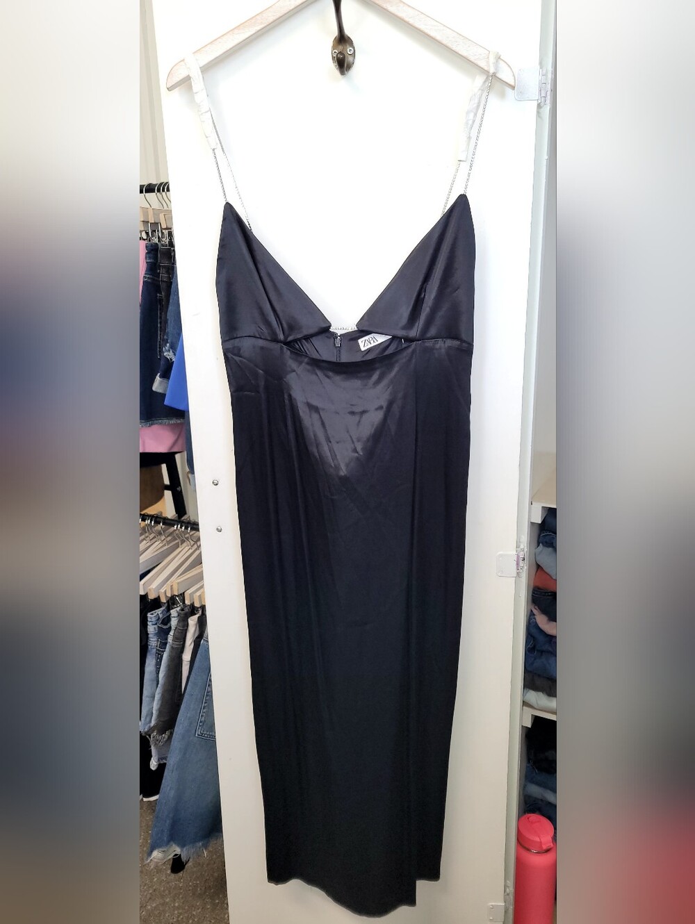 ZARA Black Satin Slip Dress with Sequin Straps